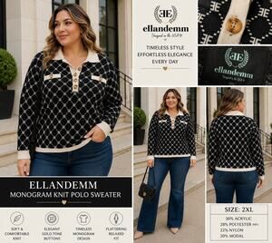 Elle and Emm Monogram Sweater Old Money Preppy Parisian 2XL Black Ivory